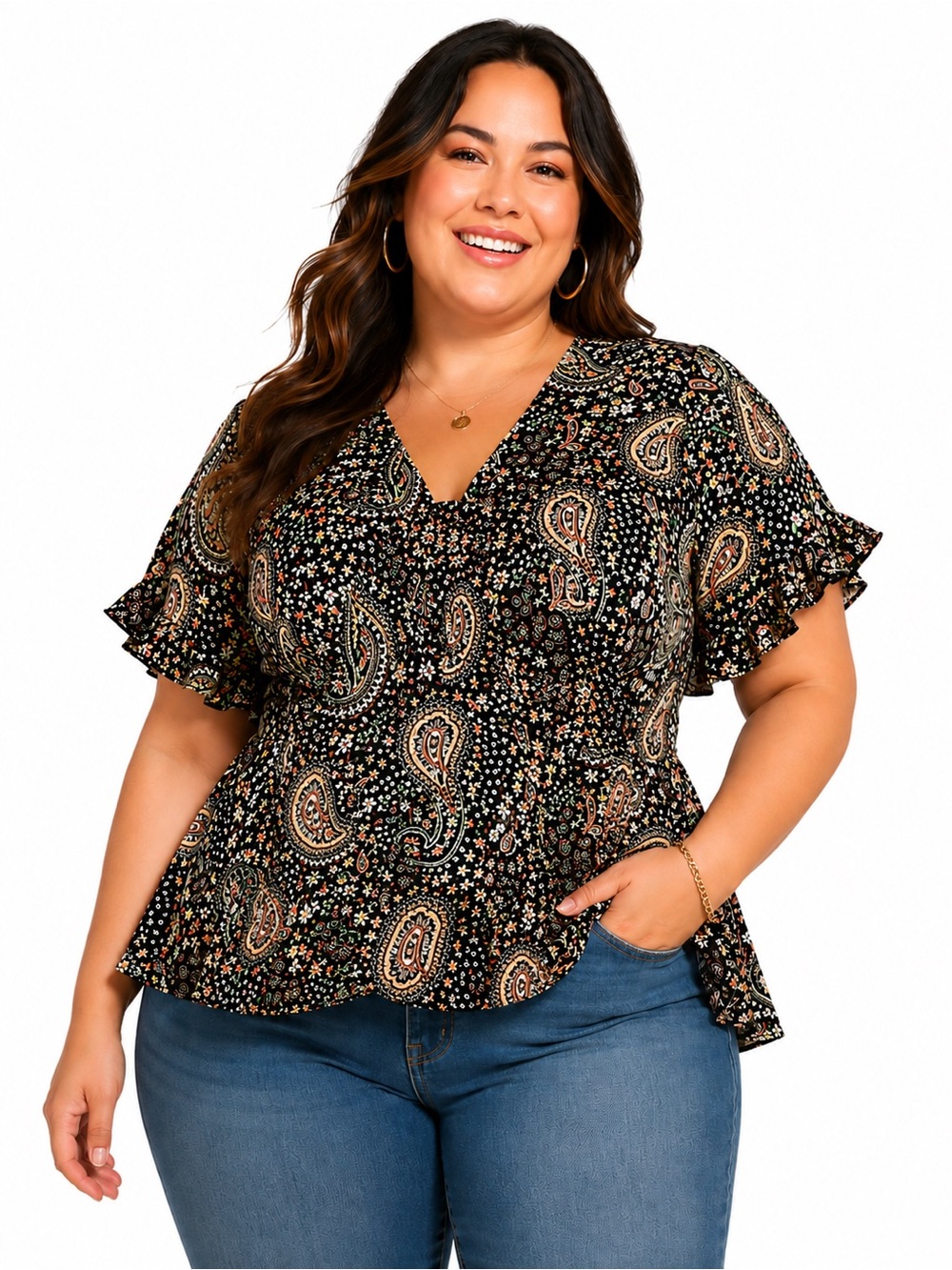 Torrid Plus SZ 5 Floral Paisley Peplum Top Ruffle Sleeve Boho Blouse cottagecore
